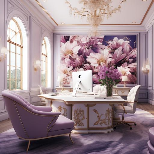 Hyper realistic illustration of an open luxury executive office space with multiple desks. The walls are light purple with silver trim intricate gold molding. The back wall has mural of huge white and purple flowers. The chairs are white tufted leather with gold trim. the desks are purple with gold metal legs and gold accents. Other elements in the room are tall floral arrangements in the corners