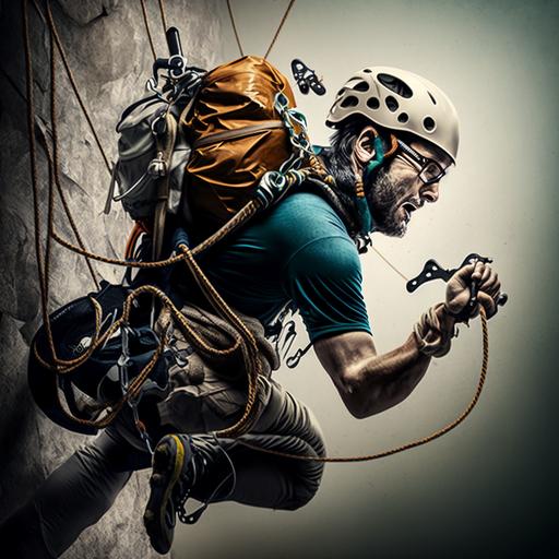 Hyper realistic image of a mountaineer with triple trad rack with cams and nuts and quick draws on his harness and his bandolier doing a jumping dynamic move while climbing an indoor climbing wall tied into a top rope but also a lead rope below.