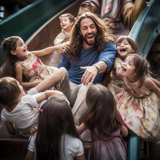 Hyper realistic joyful picture of Jesus Christ playing with children