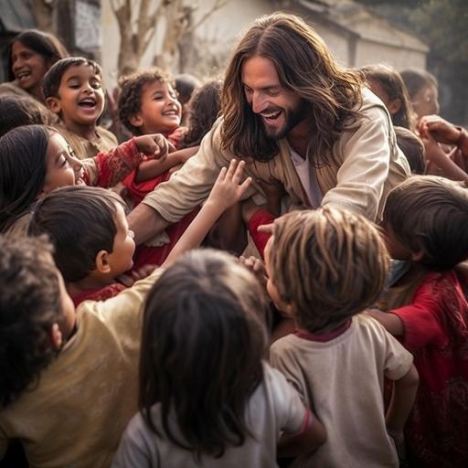 Hyper realistic joyful picture of Jesus Christ playing with the children of Ireael