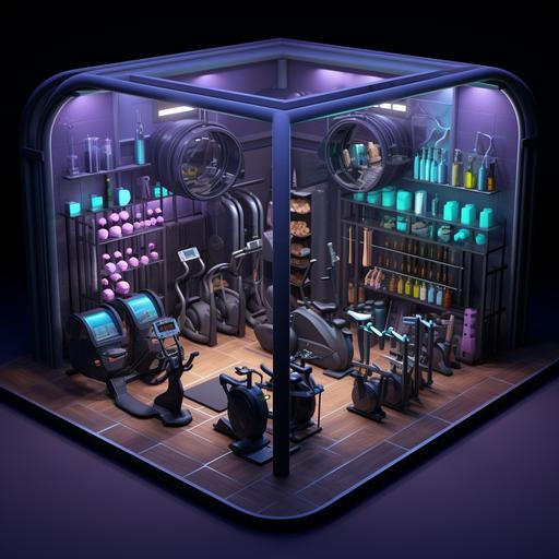 Hyper realistic large rectangular super large dark gray wine cellar. In the center it has a platform divided into 4 colors, the first light blue with light blue gym weight machines, the second purple with purple pilates machines, the third light yellow with 4 light yellow boxing bags and the fourth mint green with bicycle machines and mint green treaters. It has small details of nature and everything has a sharp angle.