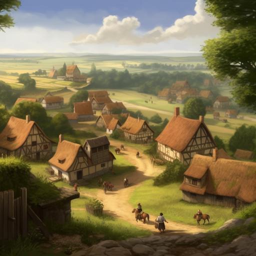 Hyper realistic, medieval village in far,buildings with thatched roofs, Church, Castle far away, peasants in the field
