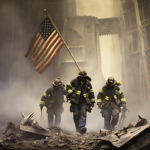 Hyper-realistic photograph capturing a powerful moment of resilience and unity in the wake of tragedy. In the b ackground wreckage of the world trade center. In the foreground, three firefighters, covered in dust and grime, are depicted mid-action hoisting the American flag, their expressions determined yet solemn. The backdrop of this moment is the somber scene of the World Trade Towers, crumbled and smoldering, a poignant reminder of the event that has just unfolded. Despite the devastation, there's a certain resolve visible in the surroundings, echoing the strength and unity embodied by the firefighters. The photograph should be taken at a low angle to emphasize the symbolic act of raising the flag, while also illustrating the magnitude of the destruction behind. The lighting should be subtle and soft, highlighting the details of the firefighters and the flag against the muted, dust-filled atmosphere of the scene. This photograph aims to symbolize the resilience of the American spirit in the face of adversity, the courage of the nation's first responders, and the unity that emerged in the wake of the September 11 attacks. AR 3:2