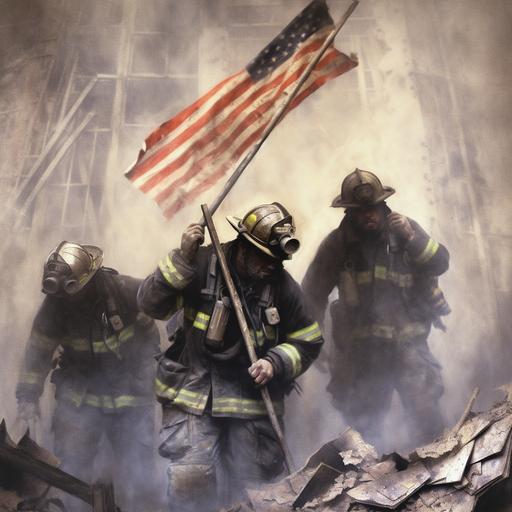 Hyper-realistic photograph capturing a powerful moment of resilience and unity in the wake of tragedy. In the b ackground wreckage of the world trade center. In the foreground, three firefighters, covered in dust and grime, are depicted mid-action hoisting the American flag, their expressions determined yet solemn. The backdrop of this moment is the somber scene of the World Trade Towers, crumbled and smoldering, a poignant reminder of the event that has just unfolded. Despite the devastation, there's a certain resolve visible in the surroundings, echoing the strength and unity embodied by the firefighters. The photograph should be taken at a low angle to emphasize the symbolic act of raising the flag, while also illustrating the magnitude of the destruction behind. The lighting should be subtle and soft, highlighting the details of the firefighters and the flag against the muted, dust-filled atmosphere of the scene. This photograph aims to symbolize the resilience of the American spirit in the face of adversity, the courage of the nation's first responders, and the unity that emerged in the wake of the September 11 attacks. AR 3:2