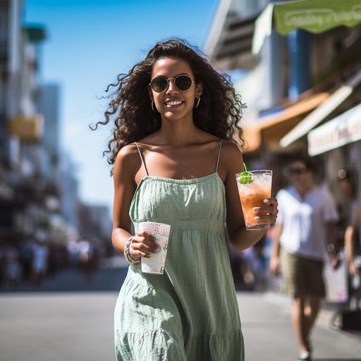 Hyper realistic photograph of a Brazilian woman, 25 years, with a dark complexion, slender physique, long dark brown hair, wearing sunglasses and a loose, short white dress, paired with green sandals. She is holding a caipirinha drink while walking along the sidewalk of Copacabana in Rio de Janeiro during the golden hour. The photograph captures the essence of film grain with a Leica 50mm lens, using Kodak Portra 800 film, resulting in a chiaroscuro effect at an aperture of f/1.4. The aspect ratio of the image is 3:4.