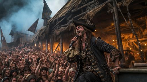 Hyper-realistic photograph of a rugged pirate with a tricorn hat, singing passionately into a vintage microphone, karaoke screen displaying lyrics on his left. Background reveals a massive festival stage adorned with weathered flags, lanterns, and nautical decorations. Awestruck crowd in the foreground, their faces lit by stage lights, mountain peaks looming in the distance. Atmosphere is electric, smoky, with the orange-pink hue of sunset. Canon EOS-1D X Mark III, Canon EF 70-200mm f/2.8L IS III USM lens, f/2.8, lit by dramatic stage spotlights with hints of ambient golden hour glow. --v 5 --ar 16:9