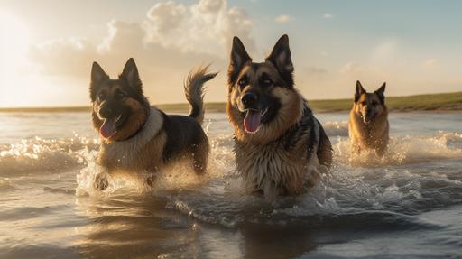 Hyper-realistic photograph of two joyful corgis and a playful German Shepherd splashing in the water on a sunlit Florida beach, with gentle waves and palm trees in the background, Nikon D850, 24-70mm f/2.8 lens, f/5.6, golden hour lighting, sharp details, and vivid colors --v 5 --q 2 --ar 16:9