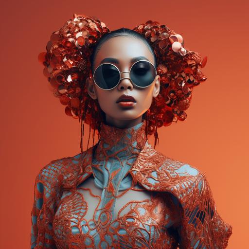 Hyper realistic photograph. Fashion editorial with crazy fashionable clothing with a very unique concept. One model with a blank background and otherworldly feel.