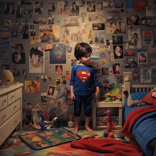 Hyper-realistic photography of a 4 year old boy with dark bob hair, black eyes, putting up a superhero sticker in his little room?
