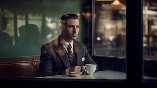 Hyper realistic, photography shot through an outdoor window of a 1940s coffee shop with neon sign lighting, window glares and reflections, depth of field, an ugly version of freddie Prinze Jr. in a black minimal suit from 1940s with a cup of coffee in his hands sitting at a table, portrait, Kodak portrait 800, 105mm f1.8, --ar 16:9 --v 5