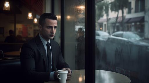 Hyper realistic, photography shot through an outdoor window of a coffee shop with neon sign lighting, window glares and reflections, depth of field, an ugly version of freddie Prinze Jr. in a black minimal suit with a cup of coffee in his hands sitting at a table, portrait, Kodak portrait 800, 105mm f1.8 --ar 16:9 --v 5