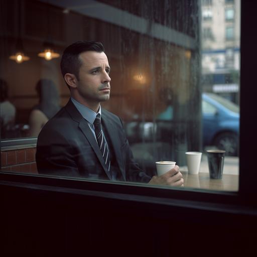 Hyper realistic, photography shot through an outdoor window of a coffee shop with neon sign lighting, window glares and reflections, depth of field, an ugly version of freddie Prinze Jr. in a black minimal suit with a cup of coffee in his hands sitting at a table, portrait, Kodak portrait 800, 105mm f1.8, ar 16:9 --v 5