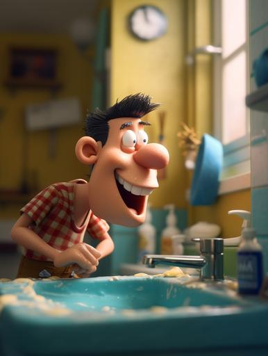 Hyper-realistic portrait of Quagmire from Family Guy as a human, non-cartoon version, brushing teeth in a bathroom, intense details, mirror reflection, morning routine, Nikon D850, 85mm lens, f/1.8, natural light from window, shallow depth of field --ar 3:4 --v 5 --q 2