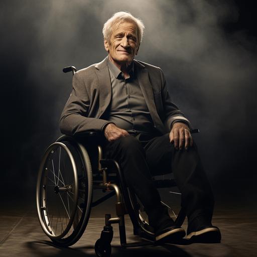 Hyper realistic powerful scene featuring a caucasion older, distinguished white man with silvered hair and a face etched with wisdom and resolve. He sits in a wheelchair, his posture exuding grace and strength, despite the amputation of one of his legs. His smile is a beacon of indomitable spirit, radiating a warmth that transcends the challenges he faces. In his presence, one can feel the power of resilience and the triumph of the human spirit. The color palette for this image is dominated by soothing shades of blue. Blue hues frame the scene, creating a visually striking and emotionally resonant composition.