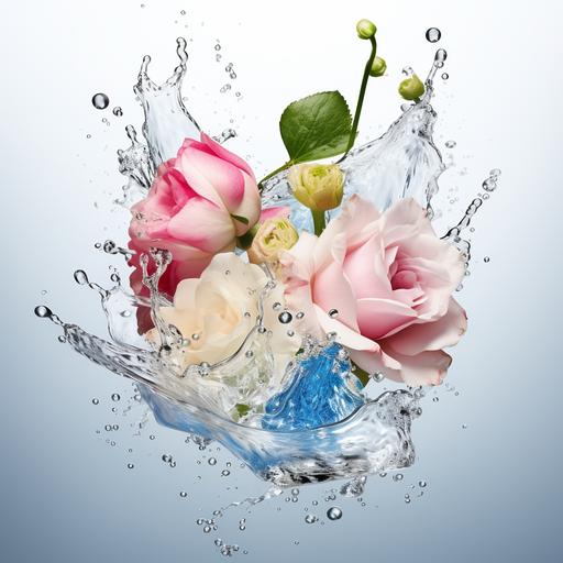 Hyper realistic publicity photo. white background. ingredients like white and pink rose petals and blue and green water droplets bursting in the air