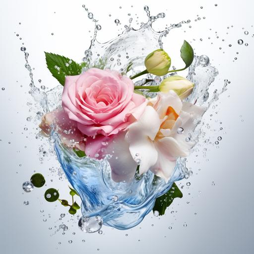 Hyper realistic publicity photo. white background. ingredients like white and pink rose petals and blue and green water droplets bursting in the air