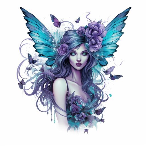 Hyper-realistic teal and purple design that will look great on a white background, design will work well on a shirt, fairy, wings, crown, roses, shimmering