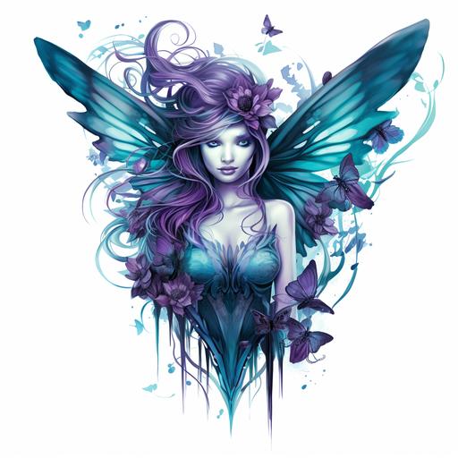 Hyper-realistic teal and purple design that will look great on a white background, design will work well on a shirt, fairy, wings, crown, roses, shimmering
