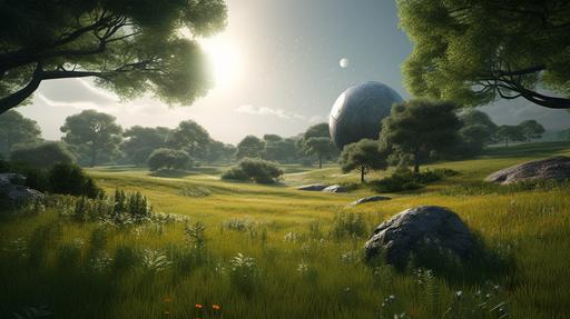 Hyper realistic, the planet of mandalore landscape, sunlight, green grass, 1080, 4k, backdrop, professional lighting, --ar 16:9 --v 5