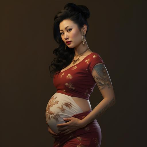 Hyper realistic. Rockabilly , asian Pregnant woman and showing. She is in her mid 30's asian girl. We can see her round belly. Dark Rockabilly style. Coming down the house stairs with her luggages in hand and her bug bags. She feels like a big sister. She has a smirk and a sharp gaze. She looks like a young Gemma Chan. Pregnant. Walking down the stairs holding her luggages. Struggling.