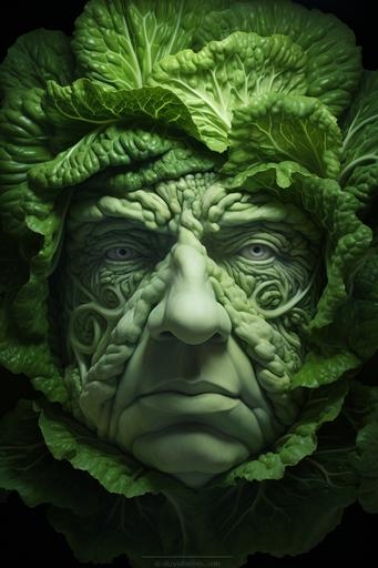Hyperbolic lettuce ruffles :: Fresh vegetable leaf :: Pareidolia photograph :: Caricature :: 8k 3d face :: Edible vegetable :: Subtle male features :: Furrowed eyebrows :: Upset --ar 2:3