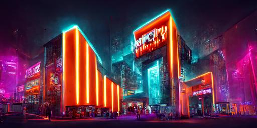 Hypercity cyberpunk movie theater entrance, neon signage, neon accents, high glow, dramatic shadows, intricately detailed photo, high contrast, no people, massive, realistic, detailed, —chaos 42 —version 3 —s 1111 —ar 2:1