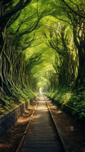Hyperrealistic cinema photography of the enchanting tree-lined tunnels near Lviv, Ukraine, creating a picturesque natural pathway --ar 9:16