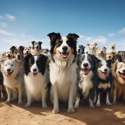 Hyperrealistic image of an army of border collie dogs, organized and full-bodied. In the background you can see the blue sky and the sandy ground. Photography in open and low angle view