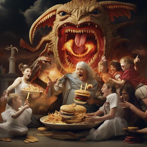 Hyperrealistic photo of a fast food ad with a family getting eaten by Pagan Gods. A Mcdonalds Logo is at the top