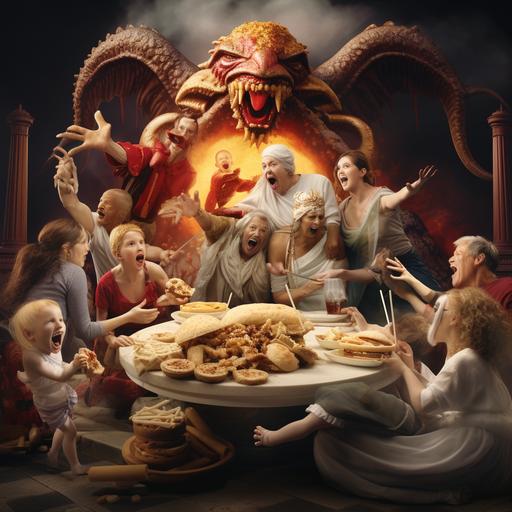 Hyperrealistic photo of a fast food ad with a family getting eaten by Pagan Gods. A Mcdonalds Logo is at the top