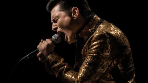 Hyperrealistic photograph, Elon Musk at center stage, passionately singing while donned in an iconic Elvis Presley costume. From the glittering gold lame jacket to the slick pompadour, Musk embodies the spirit of the King of Rock and Roll. He holds a vintage Shure 55SH microphone, his eyes shut tight as he belts out a tune. The backdrop is dim, allowing a focused spotlight on Musk, with the crowd a muted sea of adoration. Shot with a Canon EOS-1D X Mark III, using a Canon EF 50mm f/1.2L USM lens, ISO 100, aperture f/1.2 to ensure the subject pops against the softer background. The stage lighting is dramatic, casting deep shadows and bright highlights that amplify the emotional intensity of the scene. --v 5 --q 2 --ar 16:9