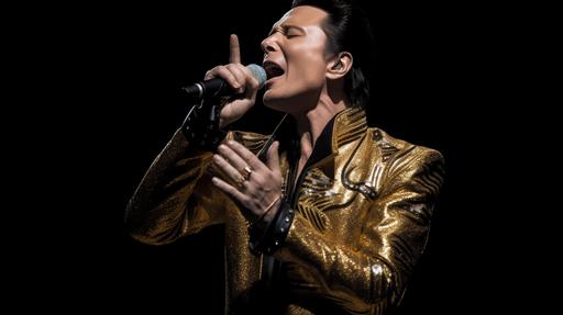 Hyperrealistic photograph, Elon Musk the founder of SpaceX at center stage, passionately singing while donned in an iconic Elvis Presley costume. From the glittering gold lame jacket to the slick pompadour, Elon Musk embodies the spirit of the King of Rock and Roll. He holds a vintage Shure 55SH microphone. The backdrop is dim, allowing a focused spotlight on Elon Musk, with the crowd a muted sea of adoration. Shot with a Canon EOS-1D X Mark III, using a Canon EF 50mm f/1.2L USM lens, ISO 100, aperture f/1.2 to ensure the subject pops against the softer background. The stage lighting is dramatic, casting deep shadows and bright highlights that amplify the emotional intensity of the scene. --v 5 --q 2 --ar 16:9