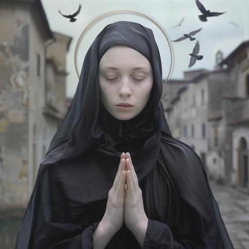 Hyperrealistic, photograph, Hasselblad, portrait, Saint Rose of Viterbo, halo, saint-person, humble garb of a Franciscan, encircled by a divine radiance, the illustration emphasizes her purity and unwavering devotion. Clasped hands in prayer and the presence of birds gently flocking around her symbolize her deep connection with both the divine and nature. The medieval town of Viterbo, italy forms a subtle backdrop, rooting the portrayal in historical context. --v 6.0 --ar 1:1