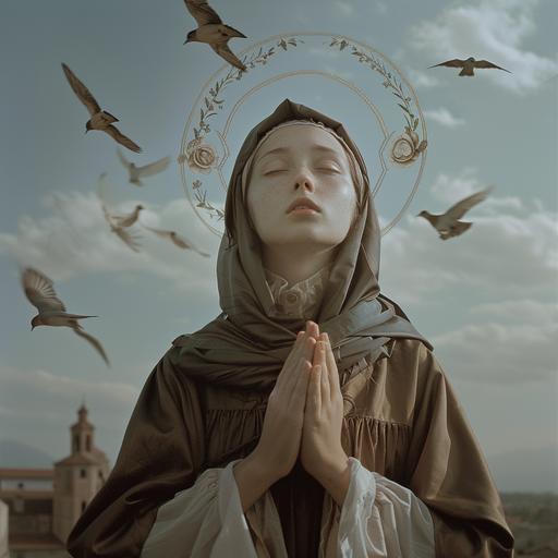 Hyperrealistic, photograph, Hasselblad, portrait, Saint Rose of Viterbo, halo, saint-person, humble garb of a Franciscan, encircled by a divine radiance, the illustration emphasizes her purity and unwavering devotion. Clasped hands in prayer and the presence of birds gently flocking around her symbolize her deep connection with both the divine and nature. The medieval town of Viterbo, italy forms a subtle backdrop, rooting the portrayal in historical context. --v 6.0 --ar 1:1