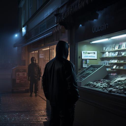 Hyperrealistic photograph, exterior of a pharmacy, sign lit, police catch thief as he flees, thief dressed in black with balaclava, evening