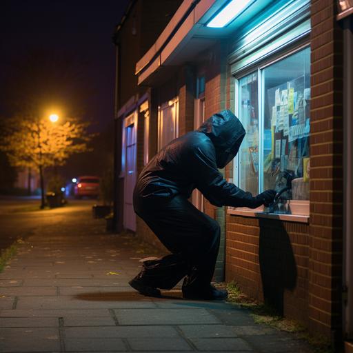 Hyperrealistic photograph, exterior of a pharmacy, sign lit, police catch thief as he flees, thief dressed in black with balaclava, evening