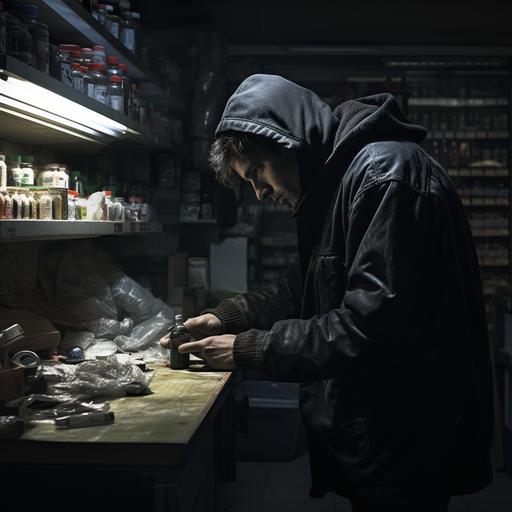 Hyperrealistic photograph, image of a thief, about 30 years old, inside a pharmacy, wearing dark thief's clothing, checking the interior with a lighted flashlight, at night.
