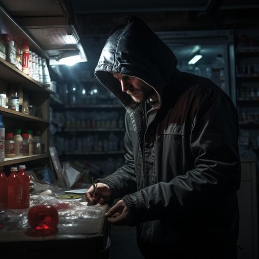Hyperrealistic photograph, image of a thief, about 30 years old, inside a pharmacy, wearing dark thief's clothing, checking the interior with a lighted flashlight, at night.
