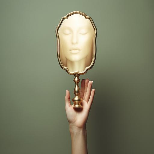Hyperrealistic photography. Gold modernist-inspired hand mirror.
