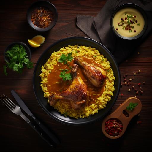 Hyperrealistic top ad shoot view of a dark brick red chicken small pieces gravy served with a tampering rice in a bowl;yellow lentils on the side ; minimal lighting ; savoury