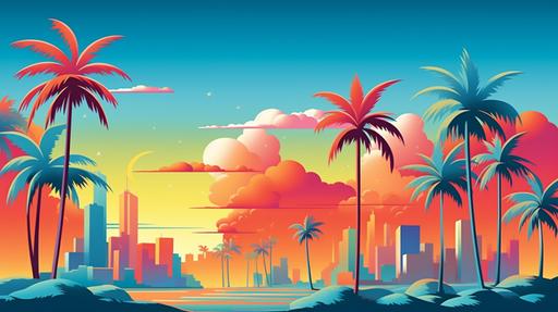 abstract 1980's futurism car city beach palms in Hiroshi Nagai::2 art style, HD ultrarealistic, blue sky, flat colors, minimalistic vector, Mix between Acrylic Molding and Thick Impasto 3d wallpaper 8k realistic texture --ar 143:80 --q 2