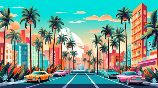abstract 1980's futurism car city beach palms in Hiroshi Nagai::2 art style, HD ultrarealistic, blue sky, flat colors, minimalistic vector, Mix between Acrylic Molding and Thick Impasto 3d wallpaper 8k realistic texture --ar 143:80 --q 2