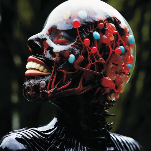 I-D Magazine, photography, urban chic, rainbow teeth, female upper body, in all black tight suit, glass head design by Dale Chihuly but based on biomimicry of mushroom spores,