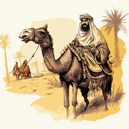 I draw from my picture an Arab on a camel in the middle of the desert. He is dressed in old Arab clothes, on his head is a turban, and on top of him is a falcon with strong and sharp eyes. The camel is running fast. In the middle of the desert with palm trees behind them and camels running after them