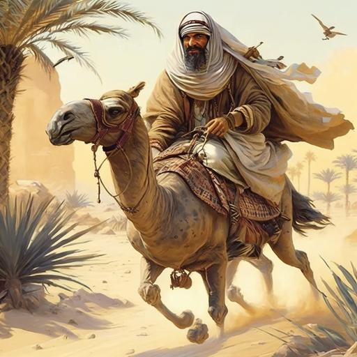 I draw from my picture an Arab on a camel in the middle of the desert. He is dressed in old Arab clothes, on his head is a turban, and on top of him is a falcon with strong and sharp eyes. The camel is running fast. In the middle of the desert with palm trees behind them and camels running after them