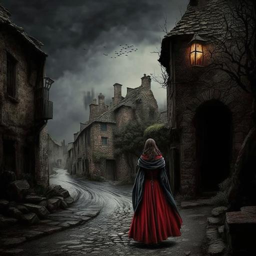 I envision a medieval village with a dark and ominous sky serving as the backdrop. A lady in a long red dress flowing inthe wind is in a village made up of stone buildings with thatched roofs and winding cobblestone streets. The atmosphere is eerie, as if a storm is about to hit. The joker, with a sinister grin on his face, is the main focus of the photo, positioned in the center of the frame. He stands atop a tall stone tower, looking down at the village with a twisted satisfaction. To capture this image, I would recommend using a wide-angle lens to emphasize the vastness of the village and the height of the tower. A tripod would be necessary to keep the camera steady and allow for longer exposure times in the low light conditions. To enhance the dramatic mood, I would adjust the camera settings to underexpose the scene, bringing out the shadows and intensifying the overall mood of the photo. The resulting image would be a haunting yet captivating portrayal of a medieval village under the watchful eye of a malevolent joker. --v 4 --s 750 --q 2