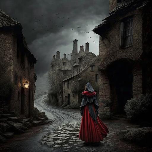 I envision a medieval village with a dark and ominous sky serving as the backdrop. A lady in a long red dress flowing inthe wind is in a village made up of stone buildings with thatched roofs and winding cobblestone streets. The atmosphere is eerie, as if a storm is about to hit. The joker, with a sinister grin on his face, is the main focus of the photo, positioned in the center of the frame. He stands atop a tall stone tower, looking down at the village with a twisted satisfaction. To capture this image, I would recommend using a wide-angle lens to emphasize the vastness of the village and the height of the tower. A tripod would be necessary to keep the camera steady and allow for longer exposure times in the low light conditions. To enhance the dramatic mood, I would adjust the camera settings to underexpose the scene, bringing out the shadows and intensifying the overall mood of the photo. The resulting image would be a haunting yet captivating portrayal of a medieval village under the watchful eye of a malevolent joker. --v 4 --s 750 --q 2