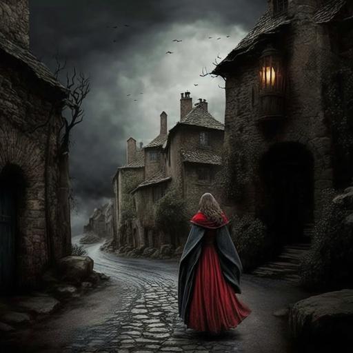 I envision a medieval village with a dark and ominous sky serving as the backdrop. A lady in a long red dress flowing inthe wind is in a village made up of stone buildings with thatched roofs and winding cobblestone streets. The atmosphere is eerie, as if a storm is about to hit. The joker, with a sinister grin on his face, is the main focus of the photo, positioned in the center of the frame. He stands atop a tall stone tower, looking down at the village with a twisted satisfaction. To capture this image, I would recommend using a wide-angle lens to emphasize the vastness of the village and the height of the tower. A tripod would be necessary to keep the camera steady and allow for longer exposure times in the low light conditions. To enhance the dramatic mood, I would adjust the camera settings to underexpose the scene, bringing out the shadows and intensifying the overall mood of the photo. The resulting image would be a haunting yet captivating portrayal of a medieval village under the watchful eye of a malevolent joker. --v 4 --s 750 --q 2