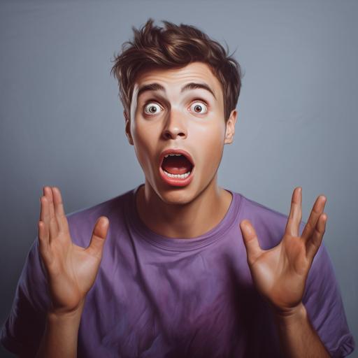 I need a 15-year-old teenager with a purple polo shirt and who is surprised with his mouth wide open and with his hands on his face, so that the image only appears up to his waist. Make the image look realistic