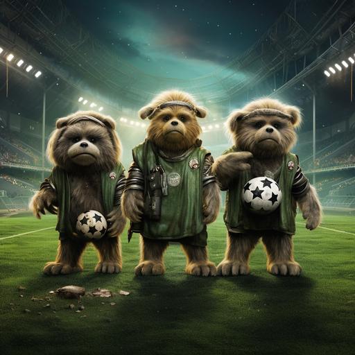 I want a 3 ewoks standing in front of a soccer goal. The 3 ewoks are on the soccer field that is in a large stadium. They are standing side by side, wearing green soccer jerseys, black soccer shorts, and green cleats. There is a soccer ball on the field in front of the middle ewok's feet.